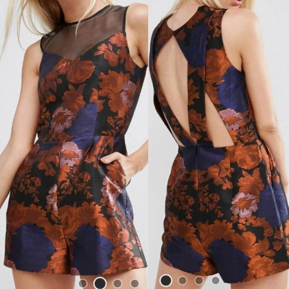 ASOS Pants - ASOS Floral Jaquard Organza Neckline Romper Playsuit